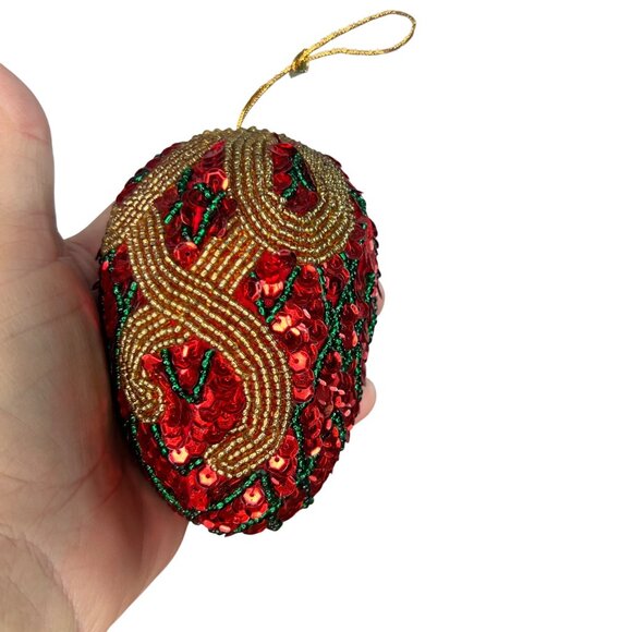 Vintage Handcrafted Red Sequin & Beaded Decorative Christmas Ornament Egg - Picture 3 of 6